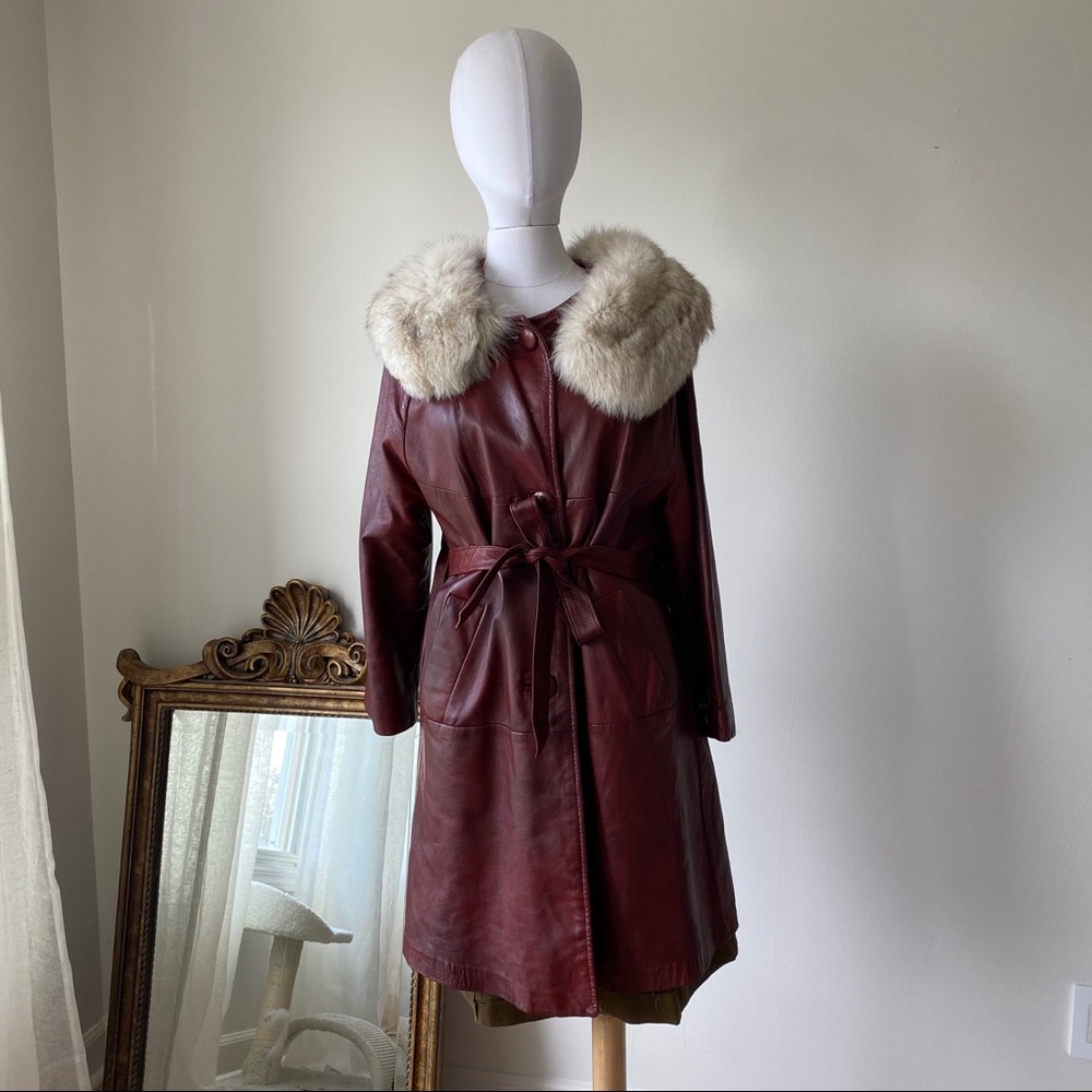 Vintage Pleather Maroon Fur Collar Coat w Belt